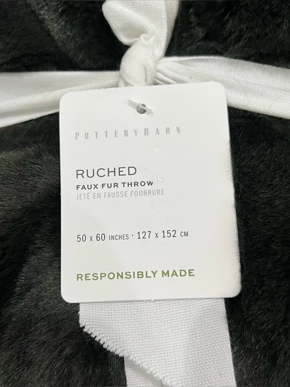 Pottery Barn Ruched Faux Fur Throw Blanket Sycamore Green 50x60 NWT Luxury